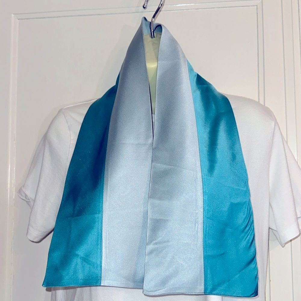 Vintage mid century aqua & light blue stripe double layer satin polyester scarf